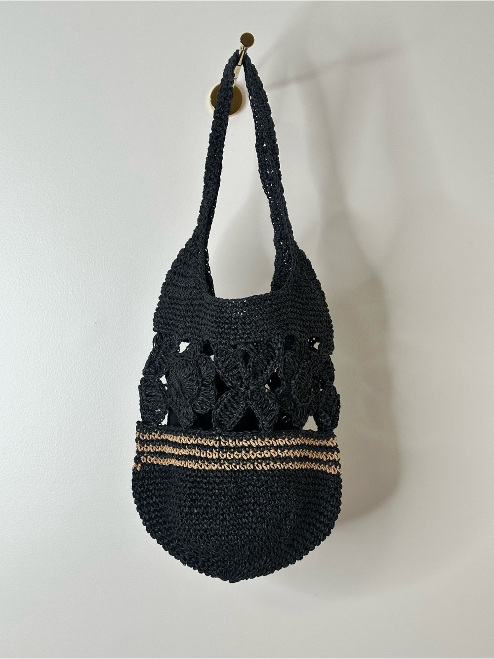 ZARA Black Crochet Raffia Shoulder Bag NWT